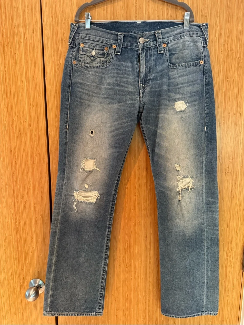 True Religion Basic Straight Leg Distressed Flap Jeans Size 33